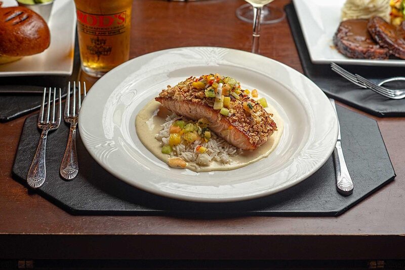 Salmon entree with side of rice